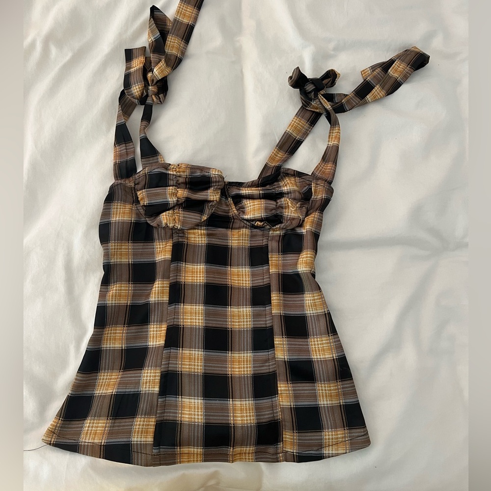 Lioness yellow and black plaid tie shoulder bustier top